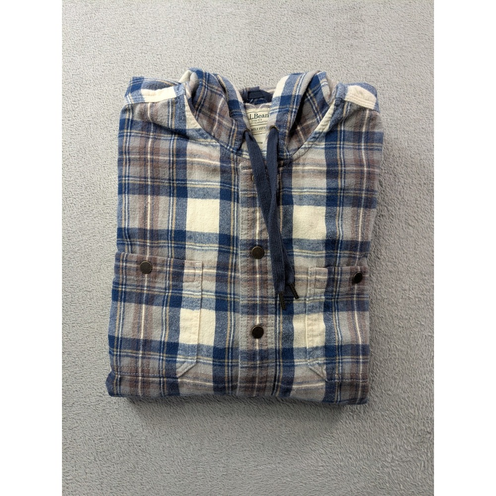 LL Bean Hooded Flannel Shirt Womens Large Blue Plaid Cotton Button Up 508169 - Picture 10 of 11